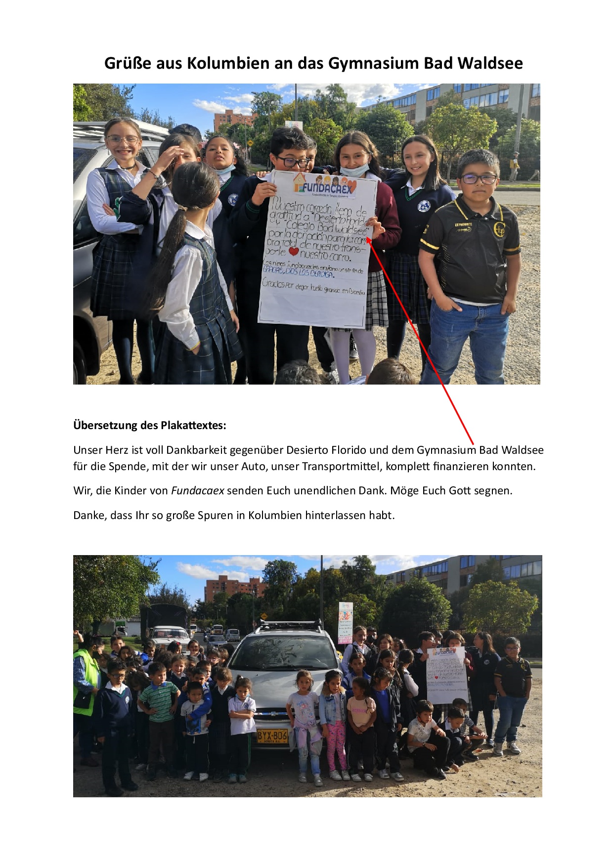 Kolumbien Fundacaex Grüße und Dank aus dem Projekt Charity Lauf 2023